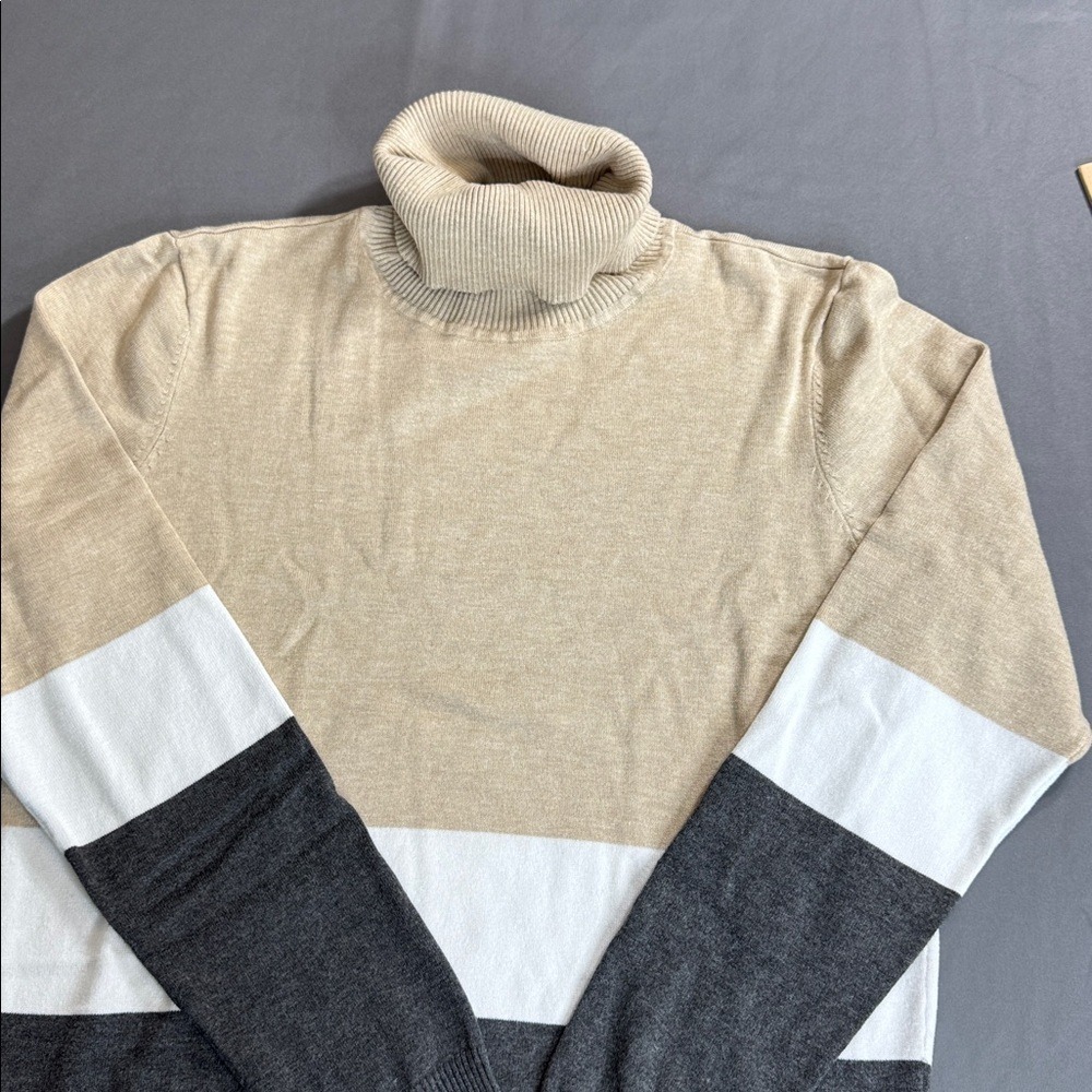 Calvin Klein Color Block Turtleneck Sweater Neutral Tan White Gray Size M